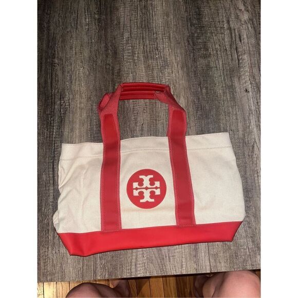 Tory Burch Small Canvas Beach Tote Red and Beige - Picture 1 of 4